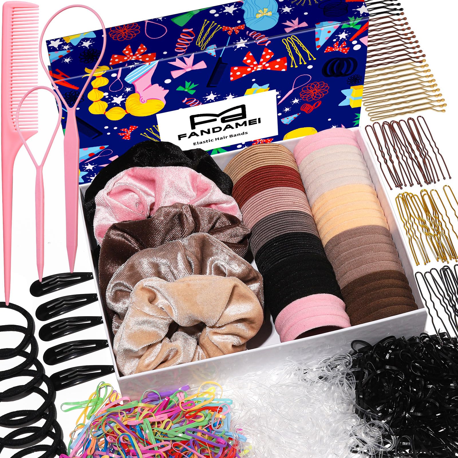 FANDAMEI Hair Ties Kit - 50 Pcs Velvet Scrunchies, Elastic Rubber Bands, Seamless Hair Ties, Hair Clips & Bobby Pins for Women - Perfect for Daily Styling, Workouts, Parties & Hair Accessories Organization
