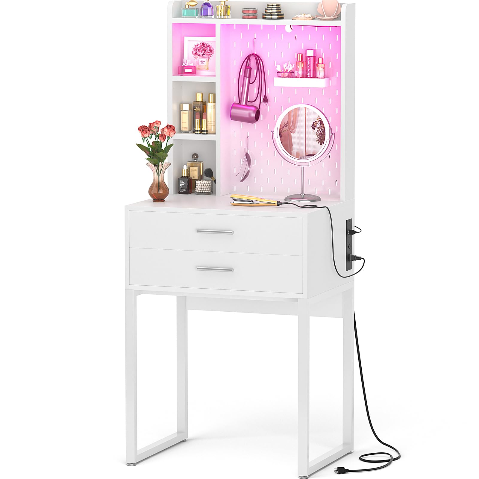 White Vanity Desk with Hutch, Drawers & LED Lights - 24