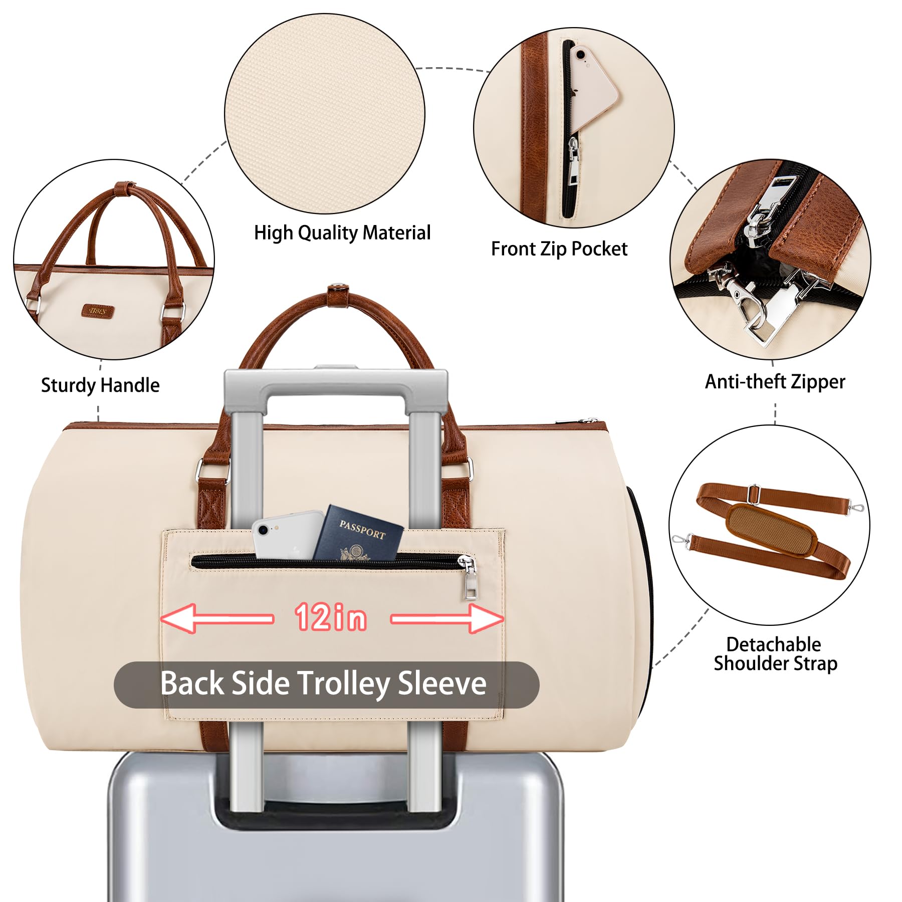 Convertible 2-in-1 Travel Garment Duffle Bag with Detachable Toiletry Pouch - Large Weekender Carry On Hanging Suitcase for Women & Men (Off White) - Perfect for Business Trips, Gym, Weekend Getaways & Airplane Travel