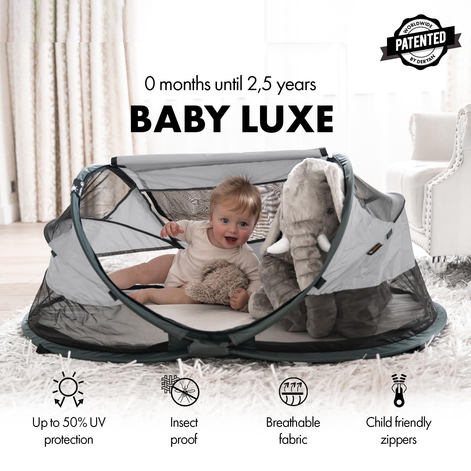 Deryan Baby Travel Cot - Portable Pop-Up Playpen with Self-Inflatable Air Mattress, Zippered Cotton Cover & Carry Bag | Instant Setup in 2 Seconds | Silver | Perfect for Camping, Beach Trips & Indoor Nursery Use