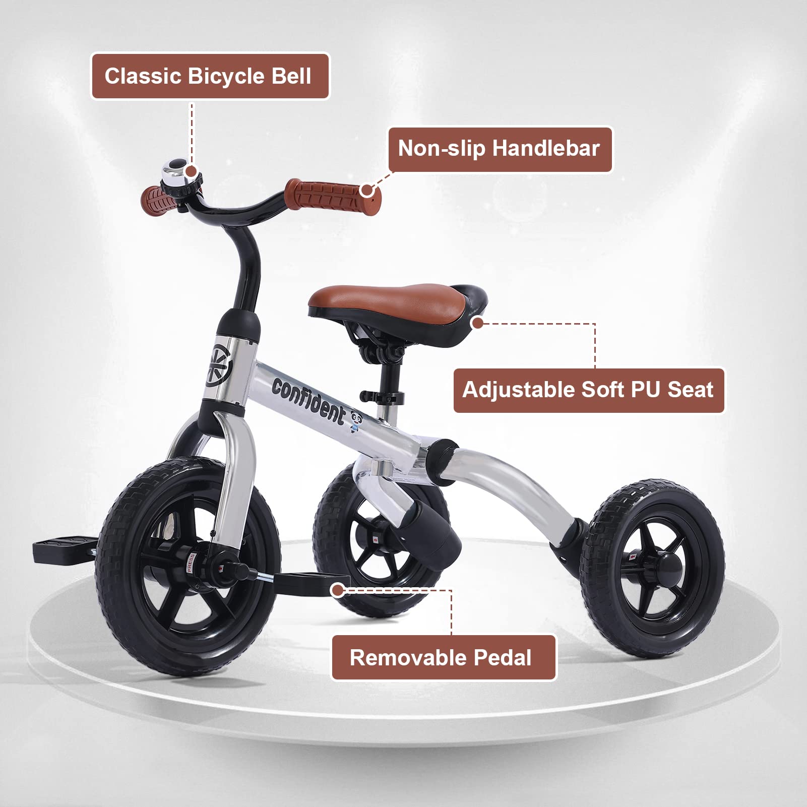 Ancaixin 3-in-1 Adjustable Toddler Tricycle for Kids 2-5 Years Old - Foldable Baby Balance Bike with Detachable Pedals & Bell - Perfect for Outdoor Play, Learning to Ride, and Birthday/Christmas Gifts (Silver)
