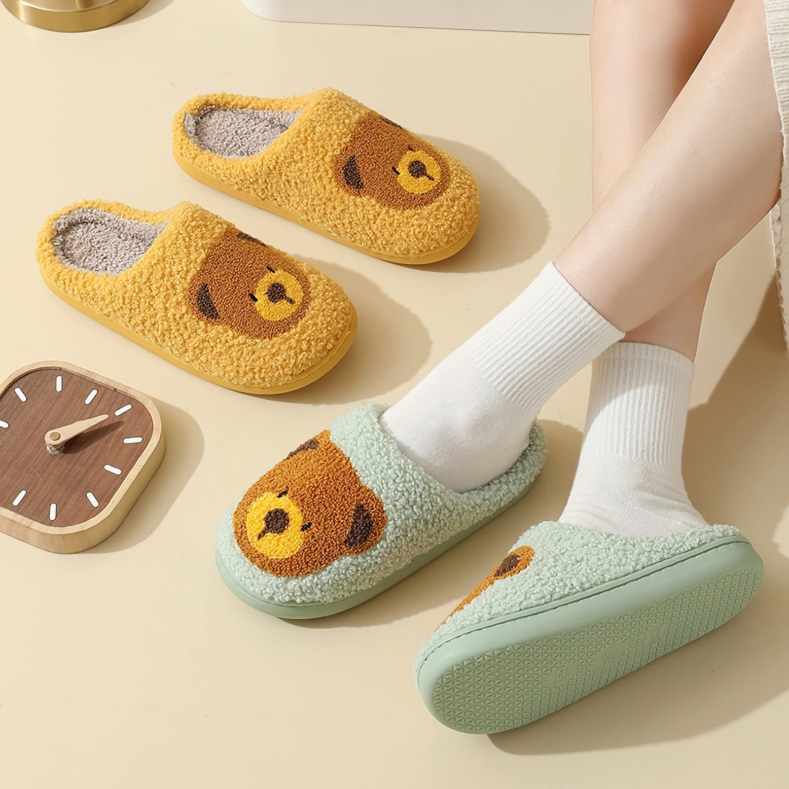 TYFLOVE Smiley Face Plush Slippers for Women, Men & Kids - Cozy Fuzzy House Shoes with Warm Fleece Lining - Soft Slip-On Indoor/Outdoor Slippers for Winter, Home, Office & Gifts