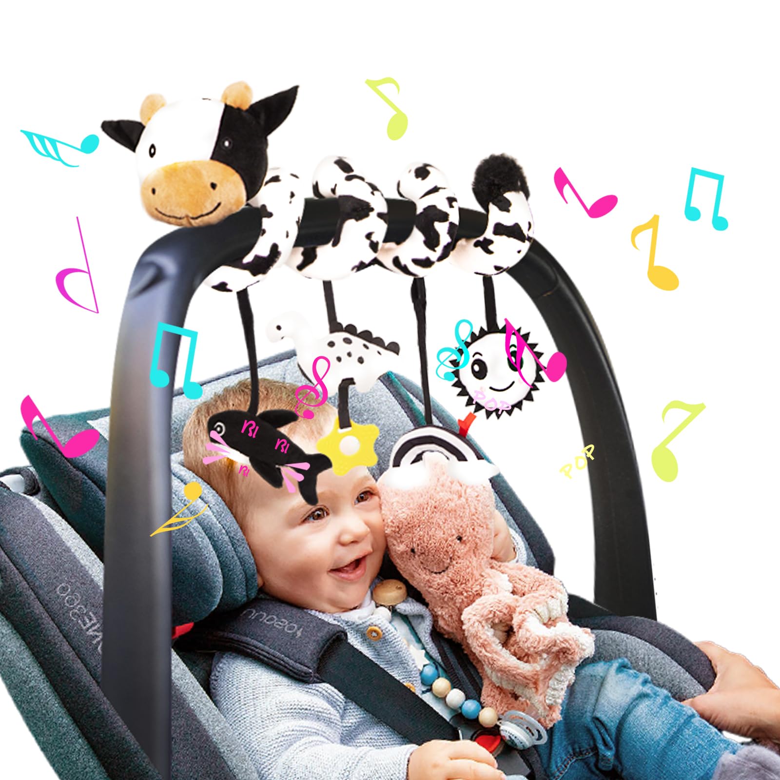 Soft Spiral Car Seat Toys for Babies 0-6 Months - Cute Cow Stroller Activity Toy with Rattles, Sun Mirror & Rainbow Cloud - Perfect Infant Car Seat Hanging Toy for Newborn Gifts | Great for Strollers, Car Rides & Playtime
