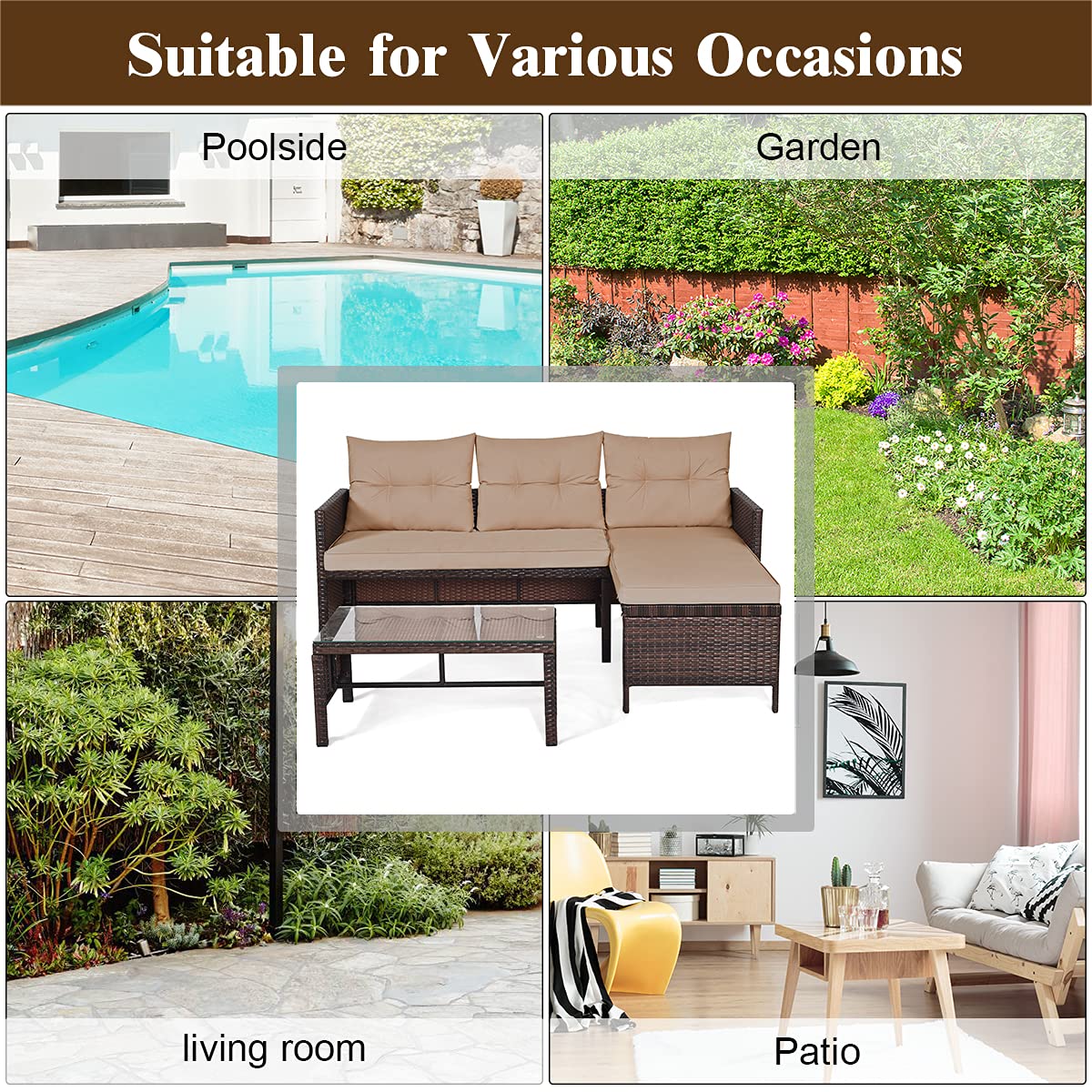 LDAILY 3-Piece Outdoor Patio Furniture Set - Waterproof Wicker Rattan Sofa with Cushions, Lounge Chaise - Perfect for Garden, Poolside, Backyard & Outdoor Conversations (Ideal for Relaxing, Entertaining & Sunbathing)