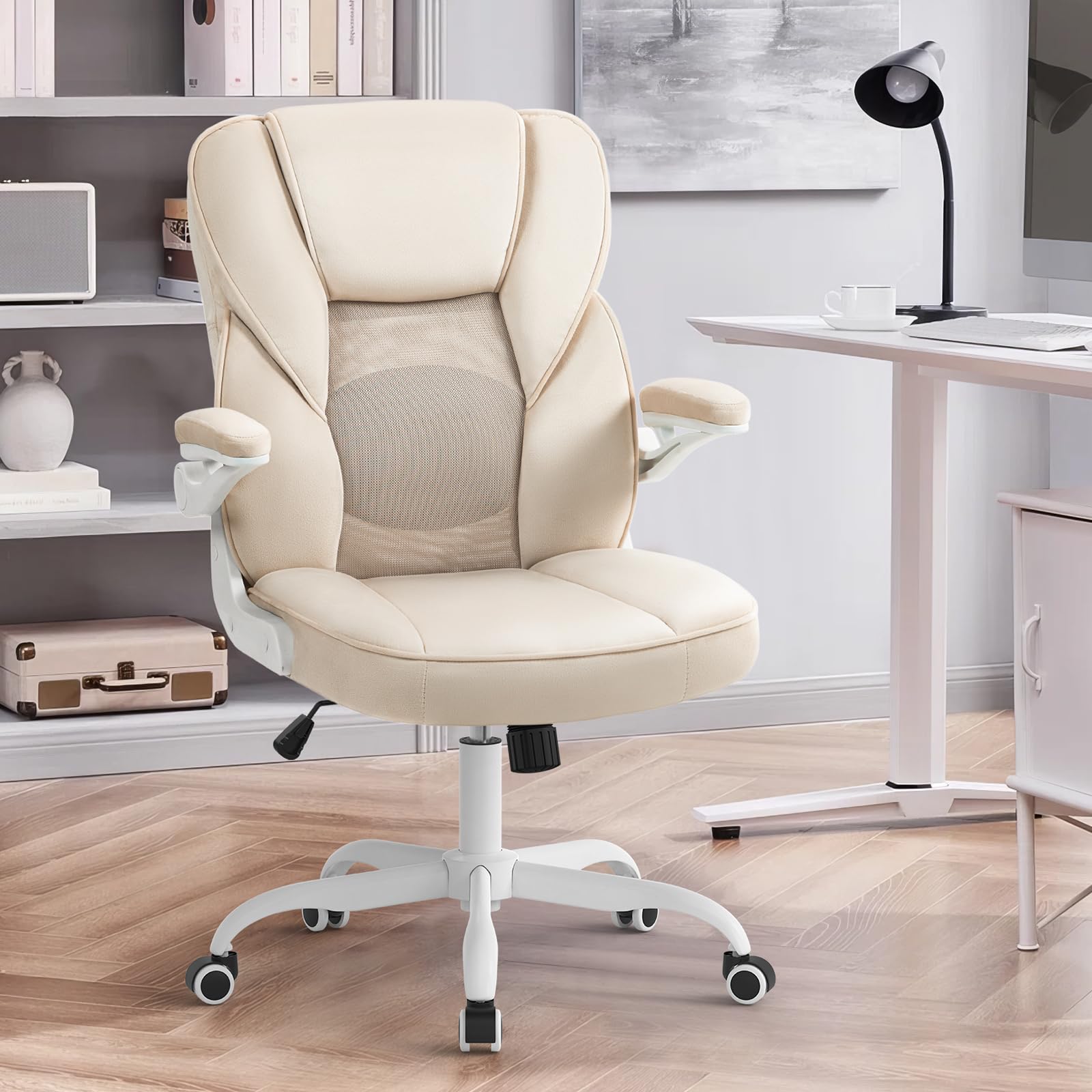 SEATZONE Beige Ergonomic Office Chair with Wheels - Mesh Back & Velvet Fabric Desk Chair for Teens & Adults - Perfect for Home Office, Study & Gaming