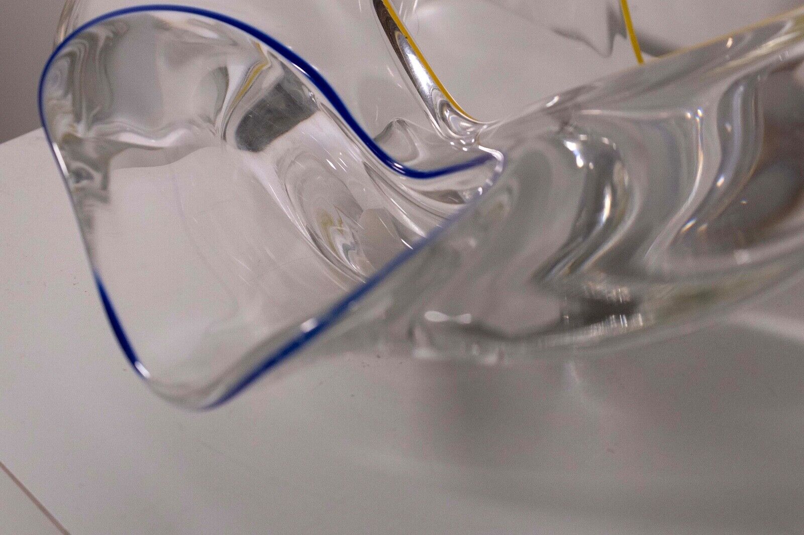 Frantisek Zemek Signed Blue and Yellow Abstract Glass Sculpture with Dual Bowls - Handcrafted Art Glass Decor for Home & Office