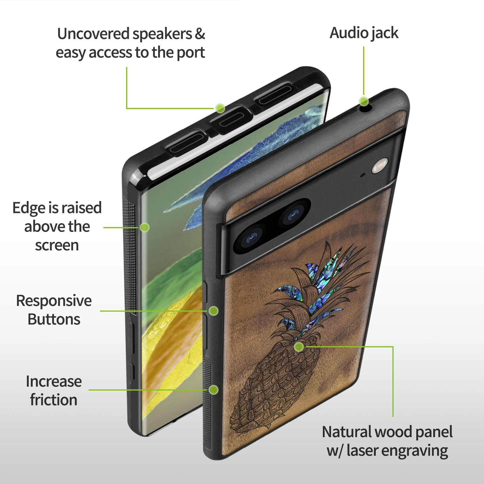 Carveit Designer Wooden Phone Case for Google Pixel 7a - Handcrafted Wood Engraving & Shell Inlay Protective Cover - Compatible with Wireless Charging (Pineapple-Walnut) - Perfect for Outdoor Adventures & Business Meetings