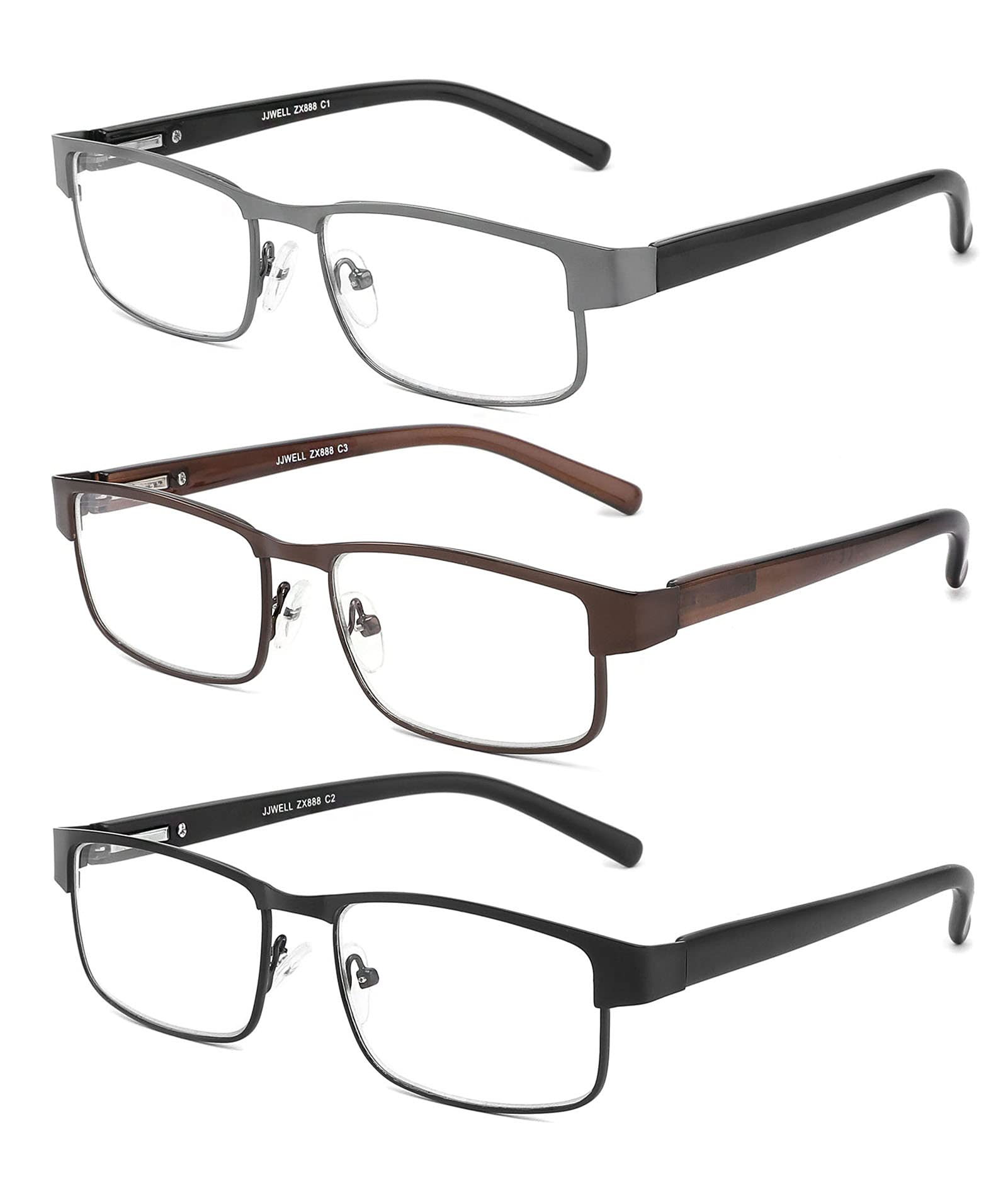 JJWELL 3 Pack Blue Light Blocking Reading Glasses for Men & Women - Anti Glare Computer Glasses for Eyestrain Relief - Lightweight Spring Hinge Readers with Storage Pouch - Perfect for Office Work, Gaming & Screen Time