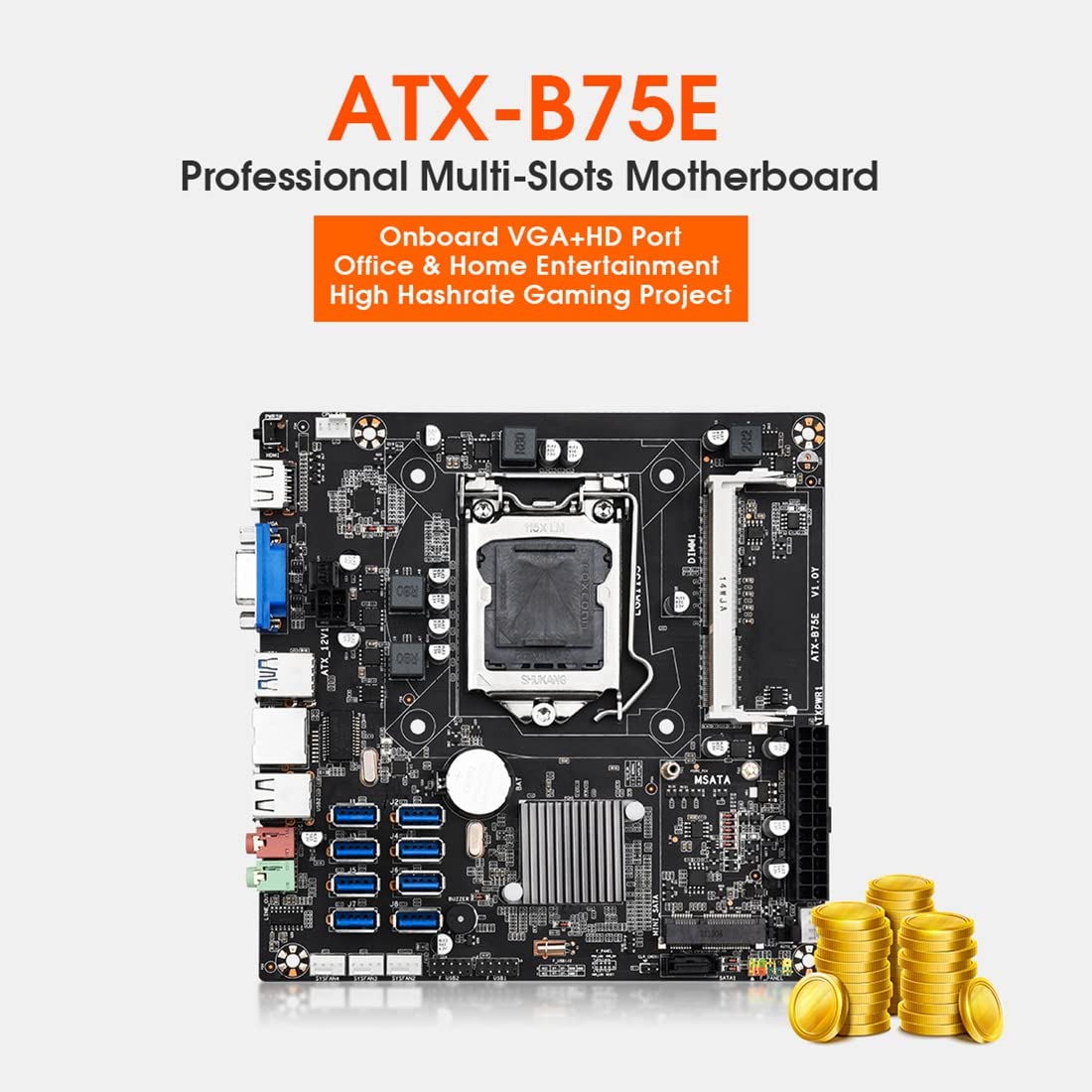 Lodokdre B75E 8 Card BTC Mining Motherboard with Intel B75 Chipset, LGA1155 Socket, DDR3 RAM, 8 USB 3.0 Ports - Includes CPU, CPU Fan, Thermal Grease & SATA Cable - Perfect for Bitcoin Mining Rigs & Crypto Mining Setup