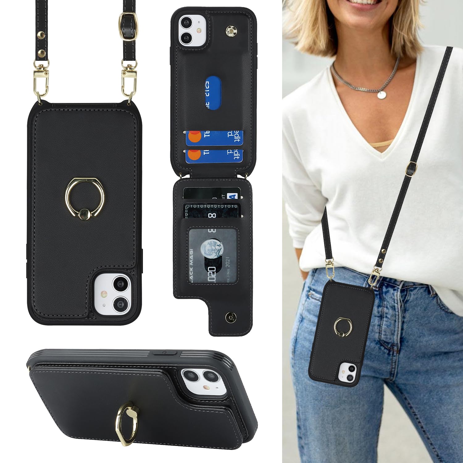 Premium iPhone 11 Wallet Case with Card Holder & Wrist Strap - 6.1 Inch Protective Phone Cover with Kickstand, Crossbody Lanyard & Snap Closure (Black) - Perfect for Women's Everyday Use, Travel & Hands-Free Convenience