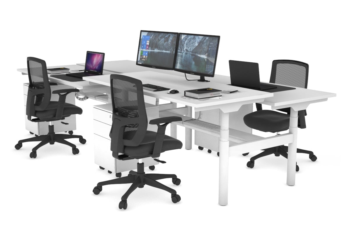 Flexi Premium Height Adjustable 4-Person H Bench Workstation - White Frame [1800L x 700W] - Ideal for Office, Coworking Spaces & Home Offices