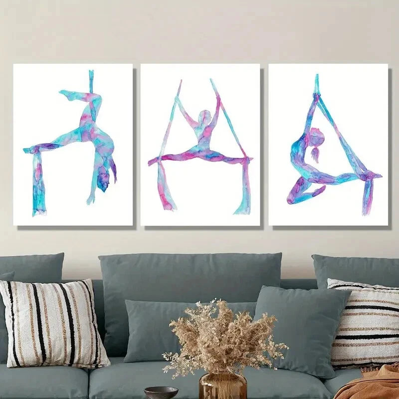 3-Piece Aerial Lady Silk Art Yoga Silhouette Metal Prints - Ready to Hang Wall Decor for Living Room, Bedroom & Yoga Studio