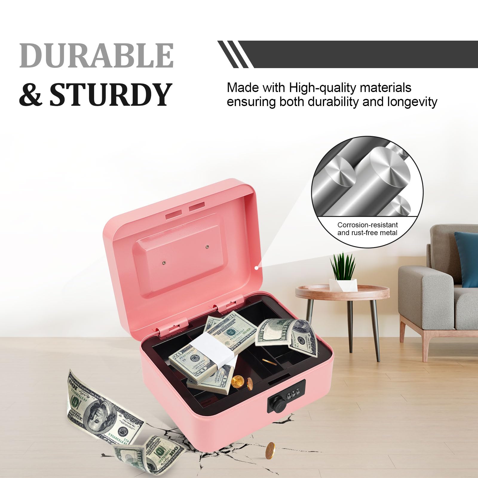 Medium Metal Cash Box with Combination Lock - Durable Money Saving Organizer with Money Tray, Security Lock Safe Box for Office, Small Business, Home & Retail (7.87 x 6.3 x 3.54 inches) - Perfect for Cash Management, Deposit Storage & Daily Transactions