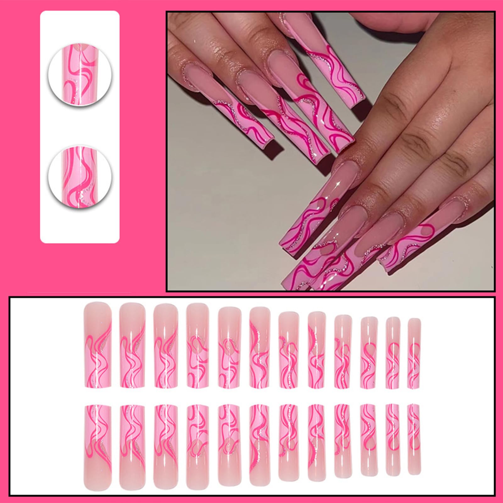 Valentine's Day Press on Nails - Extra Long Square French Tips with Glitter Pink Wave Designs | Glossy Squoval Fake Nails for Women | Full Cover Gel Glue on Nails | Perfect for Date Night, Parties & Special Occasions