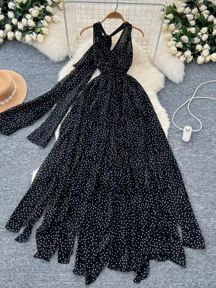 Sexy Black V-Neck Long Club Dress for Women - Slim Sleeveless Backless Irregular Hem Vest Dress | 2024 Summer Fashion Chic Vestidos | Perfect for Nightclubs, Parties & Date Nights