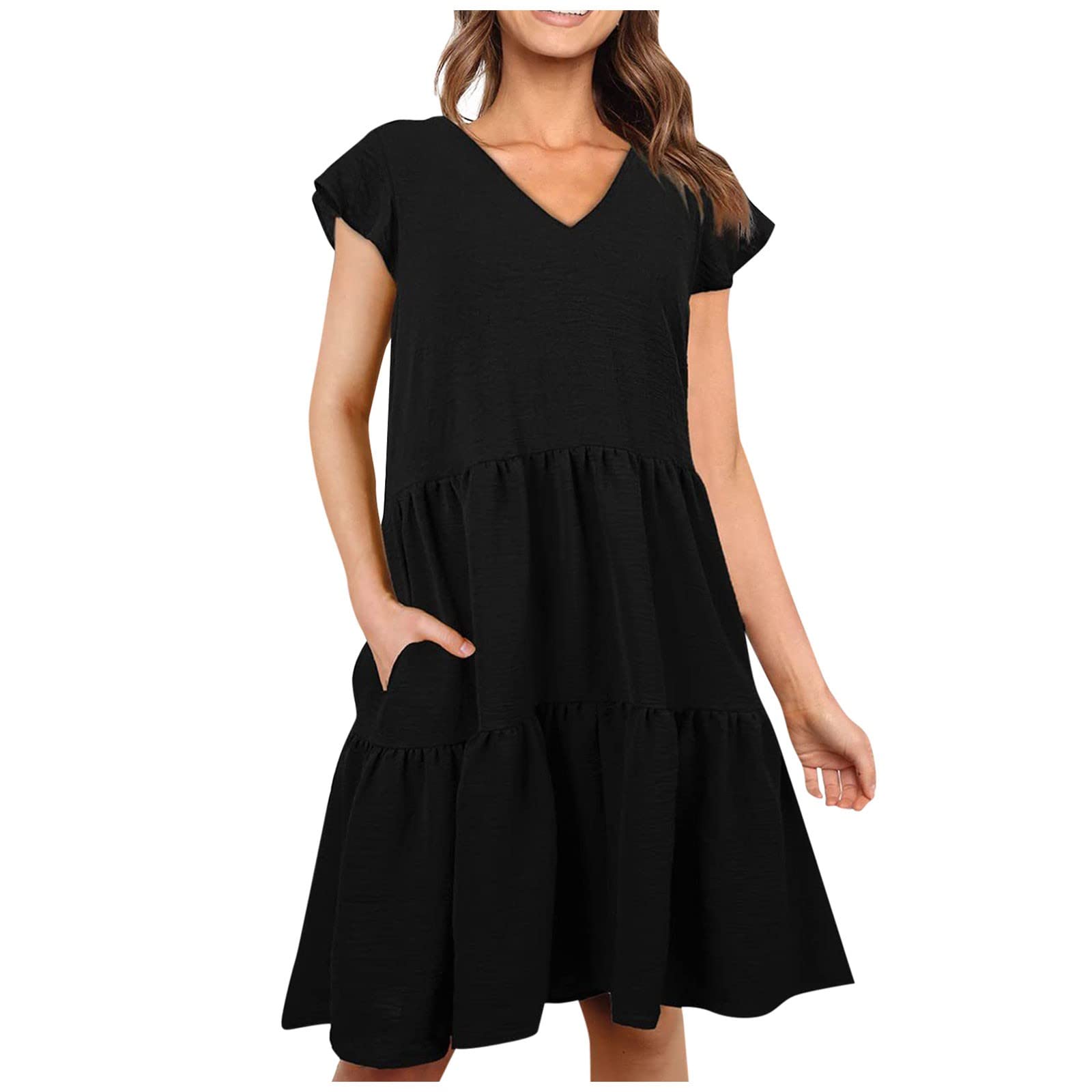 Huazi2 Women's Summer Dress - V-Neck Ruffle Short Sleeve Swing Dress with Side Pockets, Smocked Waist for Beach, Vacation & Casual Wear | Flowy Layered Dress for Women