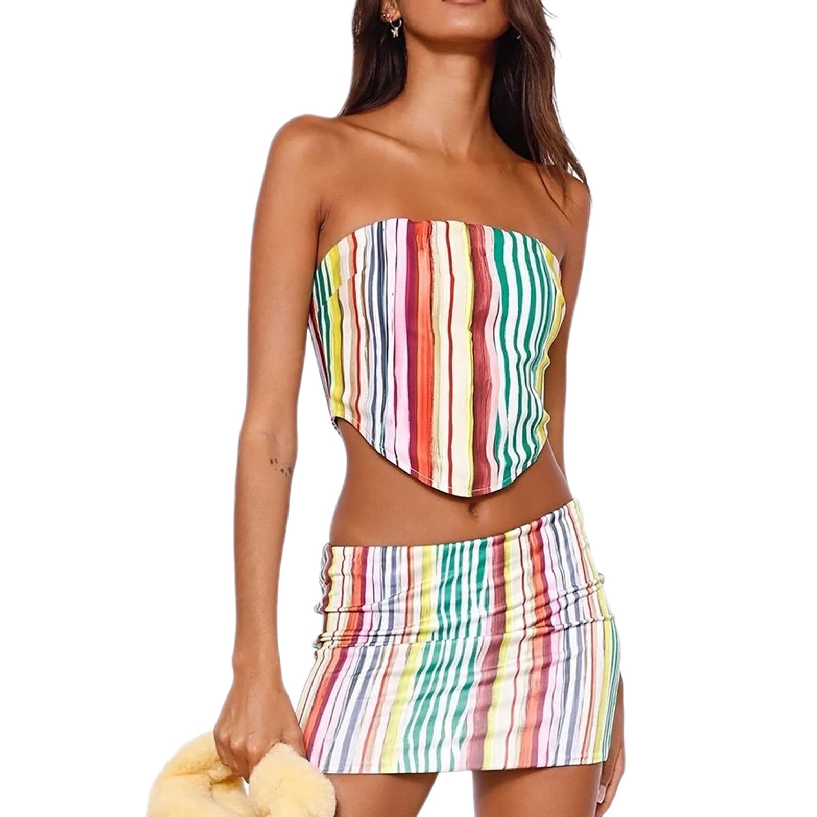 Women's Striped Print Sleeveless Cropped Top & Pencil Skirt Set - Colorful Summer Outfits for Casual Wear, Beach Vacation, and Street Fashion