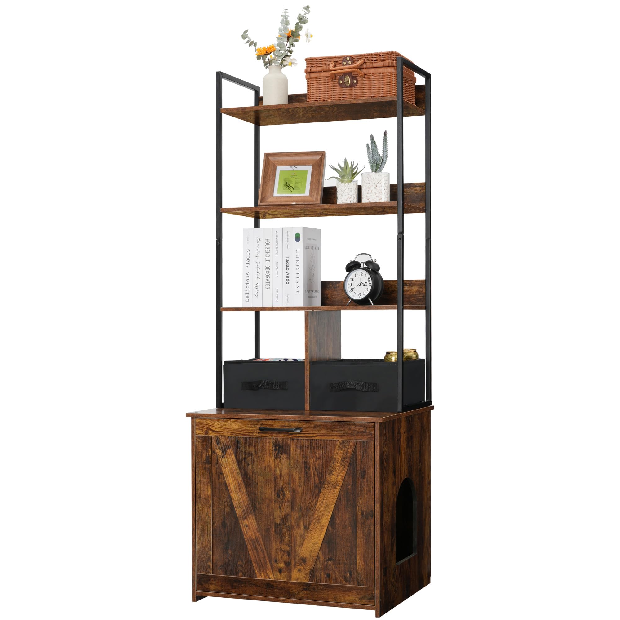 Dwanton 61.8-Inch Cat Litter Box Enclosure with Storage - 3 Shelves & 2 Drawers, 2-in-1 Hidden Litter Box Furniture, Reversible Entrance, Washable Drawers, Rustic Brown - Perfect for Small Spaces & Pet-Friendly Home Decor