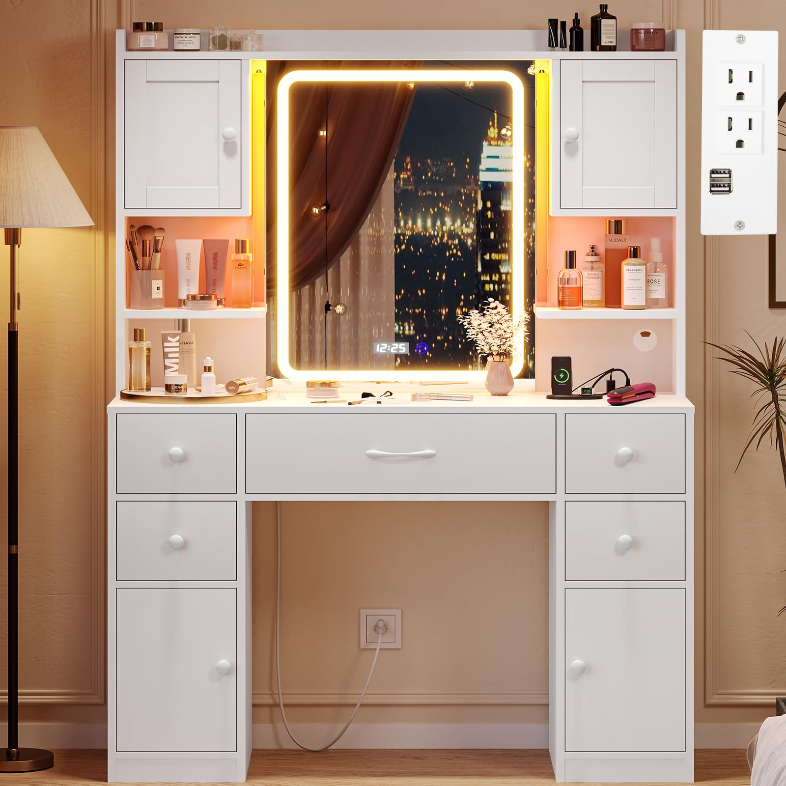 Tiptiper White Vanity Desk with LED Mirror & Digital Clock - Makeup Dressing Table with 5 Drawers, 4 Cabinets, Power Outlet & Ambient Lighting - Perfect for Bedroom, Dorm Room & Beauty Salon