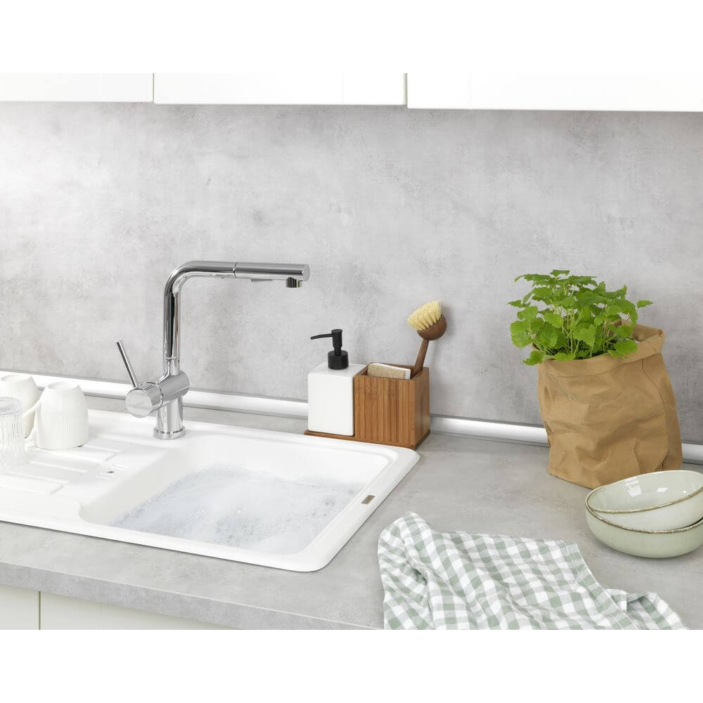 Premium Ceramic & Bamboo Dish Soap and Brush Holder Set - Kitchen Sink Organizer for Sponge, Scrubber & Liquid Soap Dispenser - Perfect for Modern Farmhouse, Rustic & Minimalist Kitchen Decor