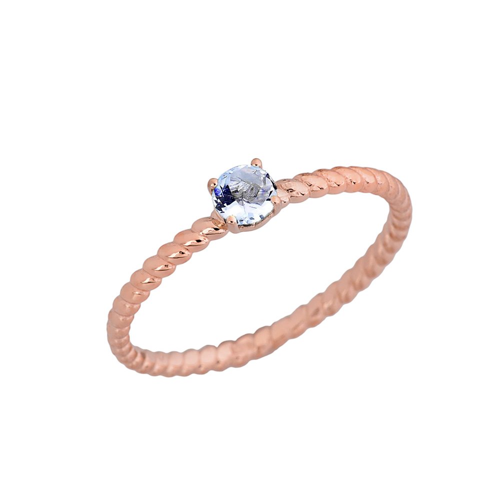 10k Rose Gold Stackable Aquamarine Solitaire Rope Ring for Women - Elegant Promise & Engagement Ring - Perfect for Anniversary, Valentine's Day Gift & Everyday Wear