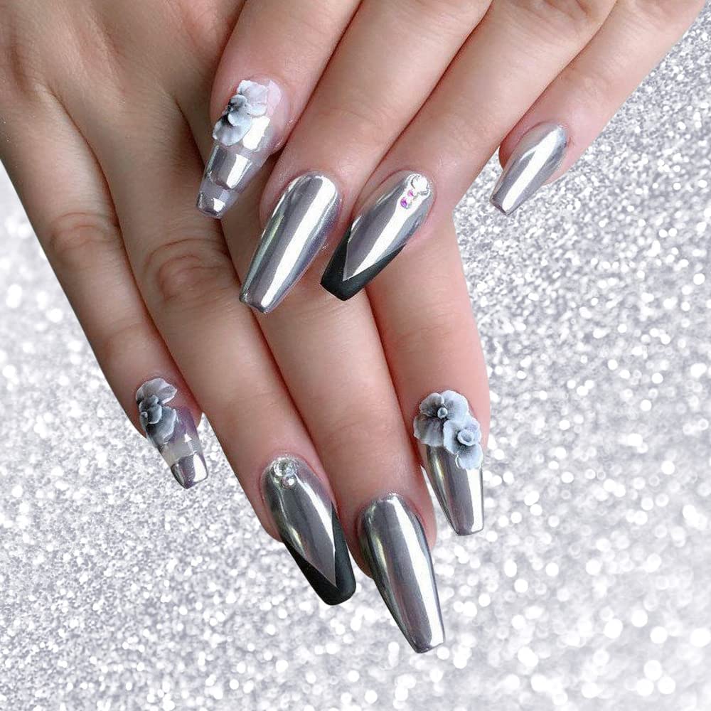 PrettyDiva Silver Chrome Nail Powder - Rose Gold & Pink Mirror Effect Nail Art Pigment | Metallic Shine Manicure Chrome Powder for Nail Extensions, Acrylic Nails & DIY Nail Designs | Perfect for Salon, Home Use & Special Occasions