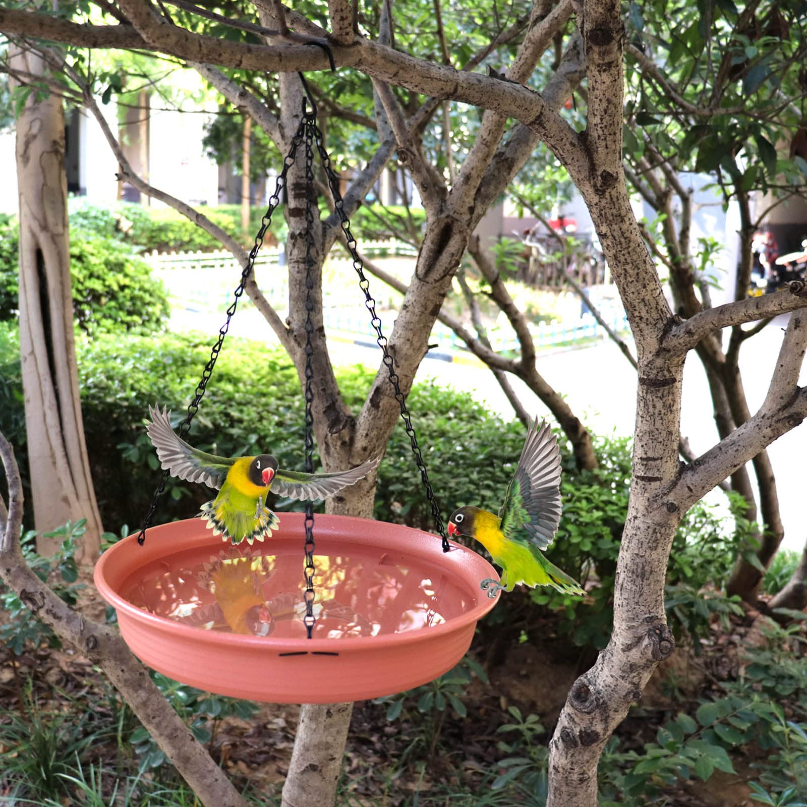 Together-life 12 Inch Hanging Bird Bath - Outdoor Bird Feeder & Drinking Tray with Seed Catcher Platform, Includes Hook & Chain - Perfect for Garden, Yard, Patio & Backyard Bird Watching