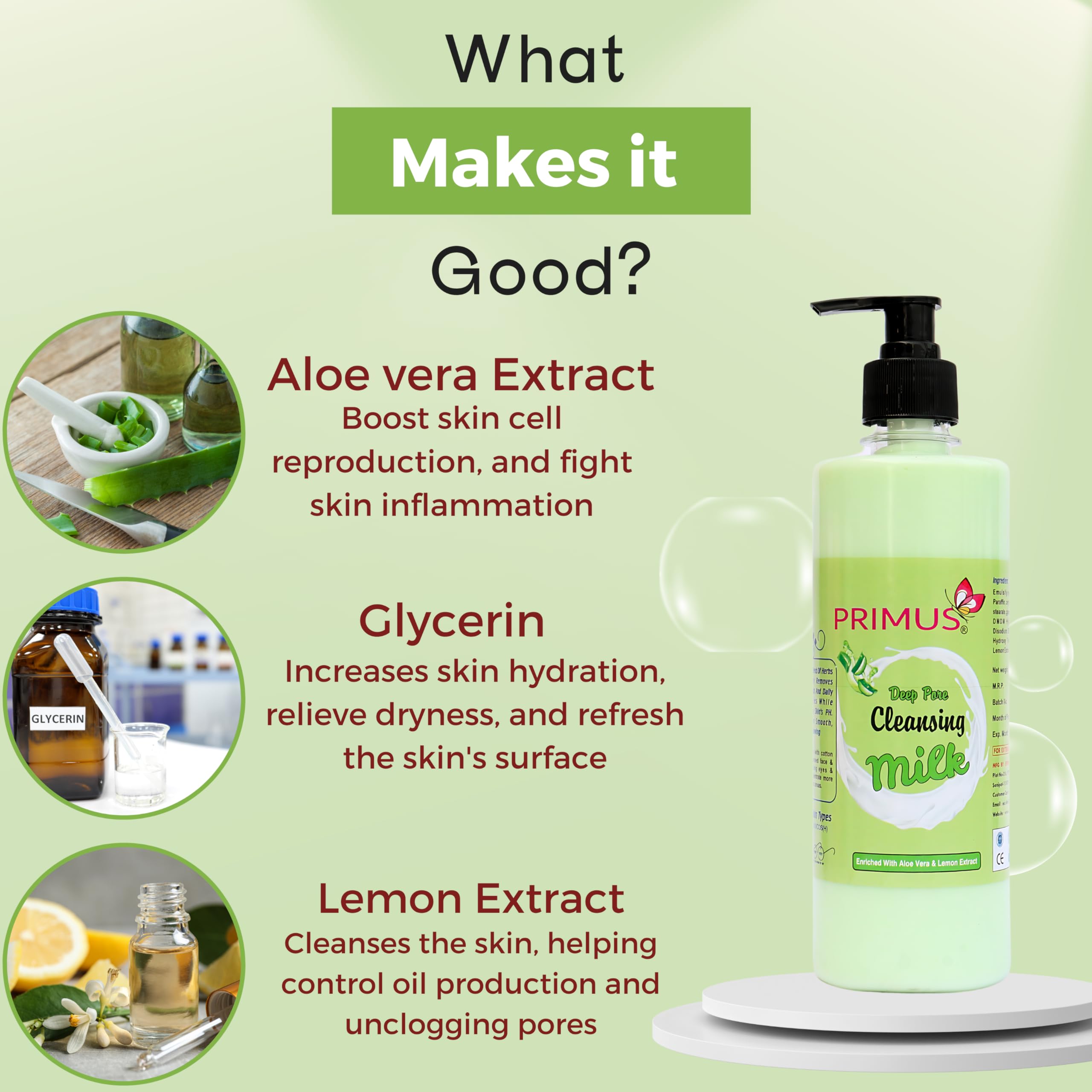 Primus Aloe Vera & Lemon Extracts Cleansing Milk - Ultra Clean & Refreshing Facial Cleanser | Makeup Remover & Daily Face Wash | 500ml | Perfect for Sensitive Skin & Post-Workout Refreshment