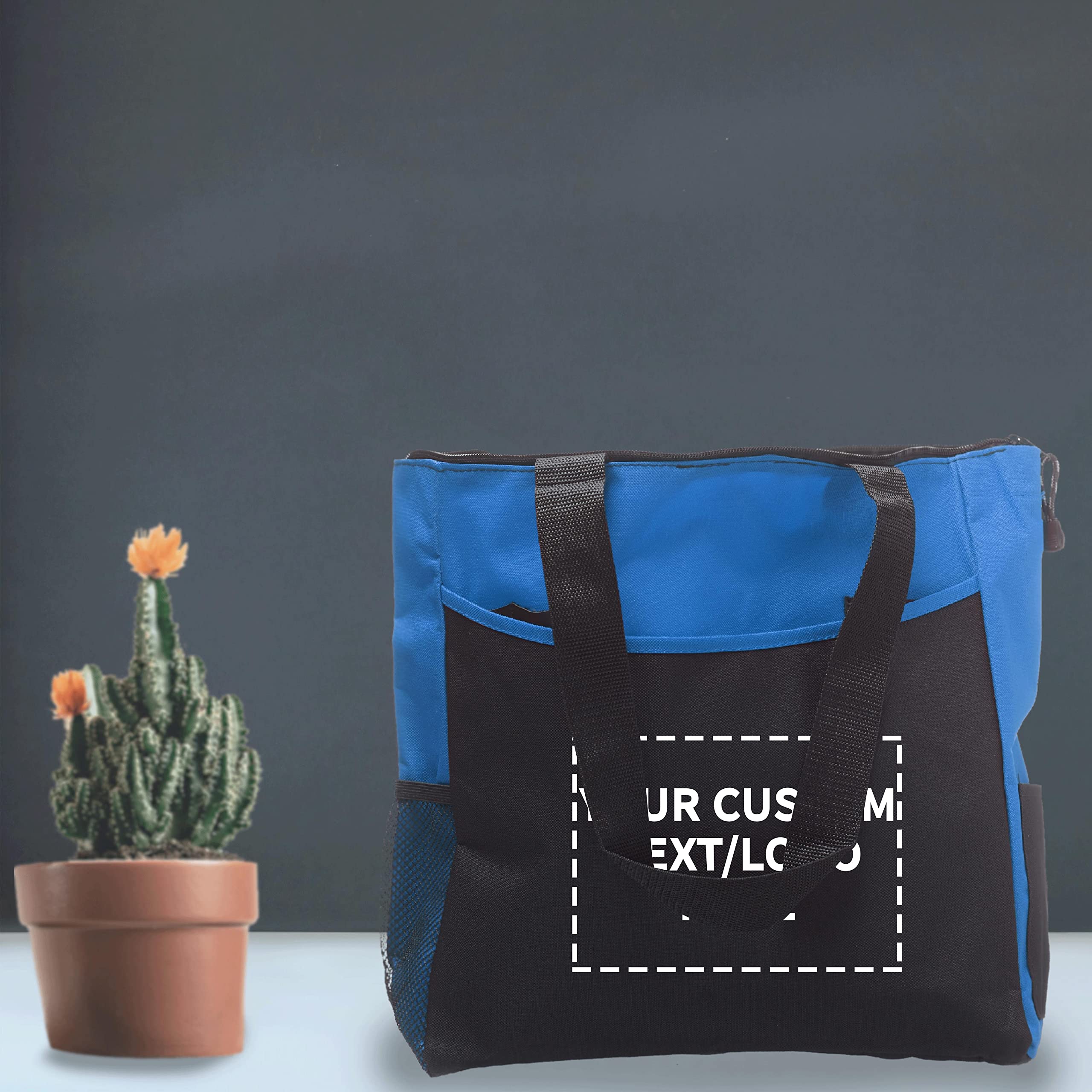 Custom Personalized Beach Tote Bags with Mesh Pockets - Set of 6 Reusable Bulk Pack - Perfect for Picnic, Camping, Beach & Outdoor Activities - Blue | Great for Summer Vacations, Pool Parties and Family Outings