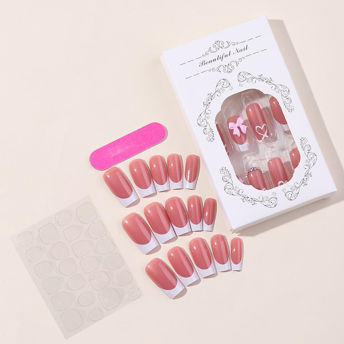 French Tip Press on Nails with Charms - Medium Fake Nails White French Manicure | Cute Bow & Heart Rhinestone Designs | Long Square Acrylic Stick on Nails for Women | Perfect for Daily Wear, Parties & Special Occasions