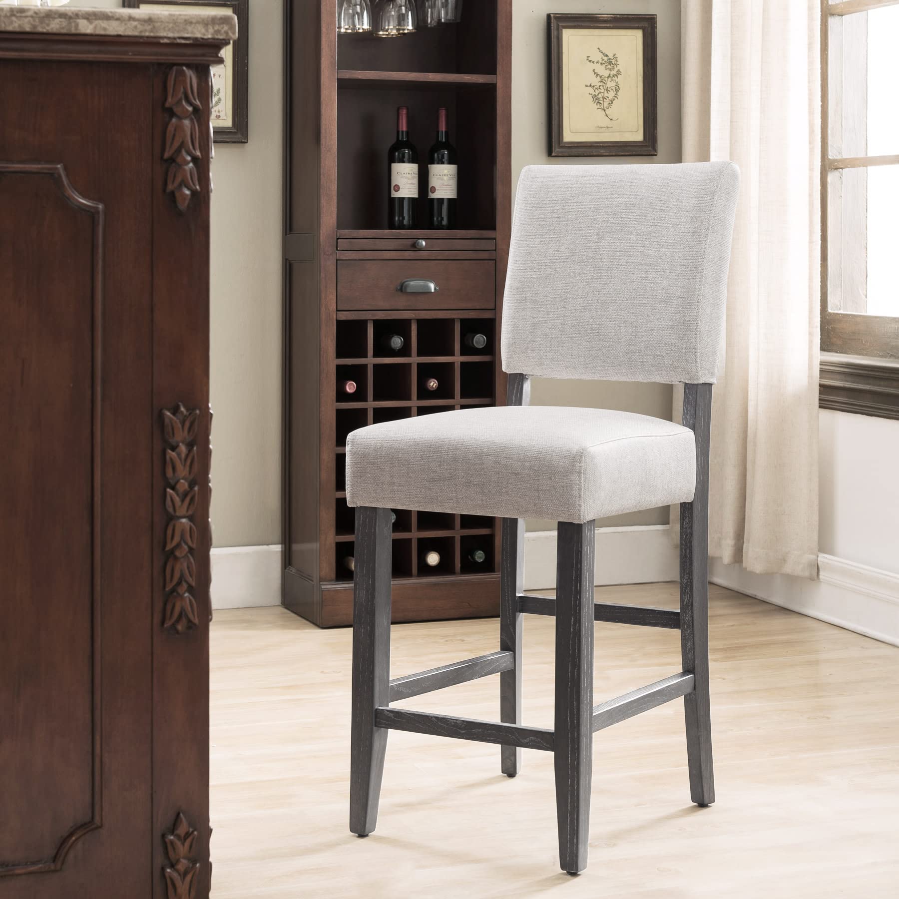Leick Home 2-Pack Upholstered Counter Height Bar Stools with Wood Base - Blackbean & Gray Wash for Kitchen Island, Breakfast Bar & Dining Room - Comfortable & Stylish Seating Solution