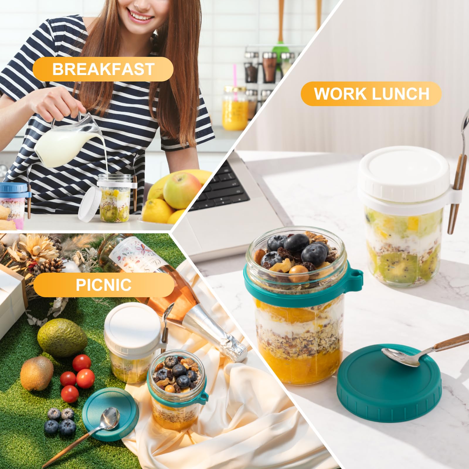 4 Pack 12 oz Glass Mason Overnight Oats Jars with Lids & Spoons - Reusable Meal Prep Containers for Yogurt, Cereal, Fruit - Perfect for Breakfast, Office Lunch & Healthy Snacks On-The-Go