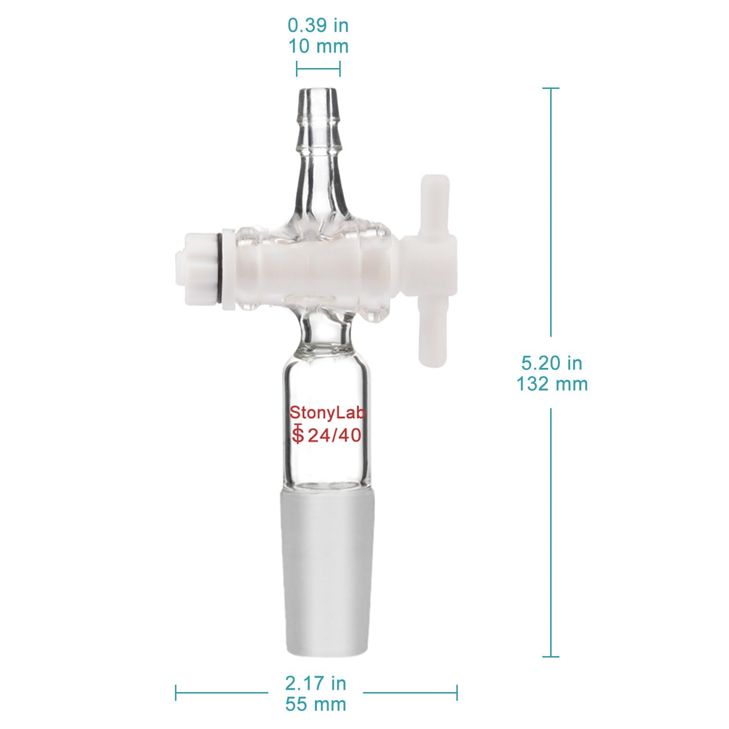 StonyLab PTFE Stopcock Vacuum Flow Control Adapter - 24/40 Joint & Straight Hose Connector for Laboratory Equipment | Perfect for Chemical Distillation, Vacuum Filtration & Lab Gas Control Systems