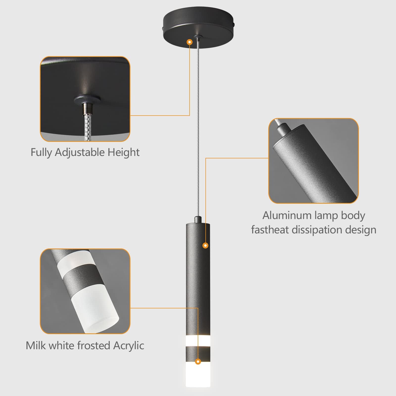 Dimmable LED Mini Pendant Light - Modern Black Hanging Fixture for Kitchen Island, Bedroom & Bedside Table (1-Pack) | Perfect for Dining Areas, Home Office & Small Spaces