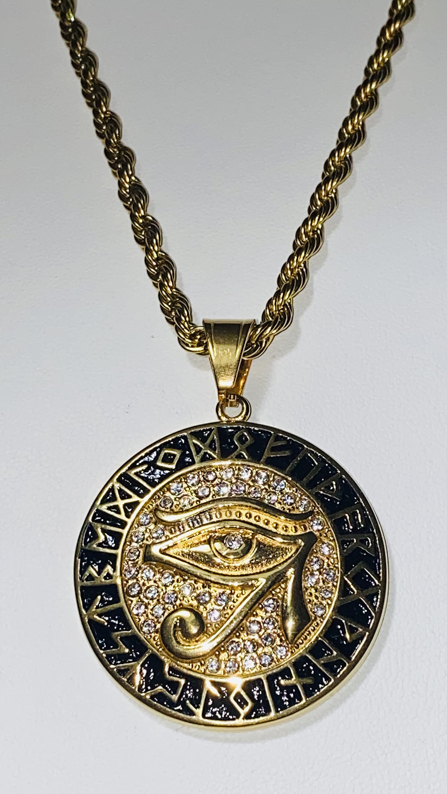 Egyptian Eye of Horus Evil Eye Protection Necklace - 14K Gold Finish Stainless Steel Pendant with 3mm Rope Chain for Men & Women | Spiritual Jewelry, Gift for Protection, Meditation & Fashion Accessory