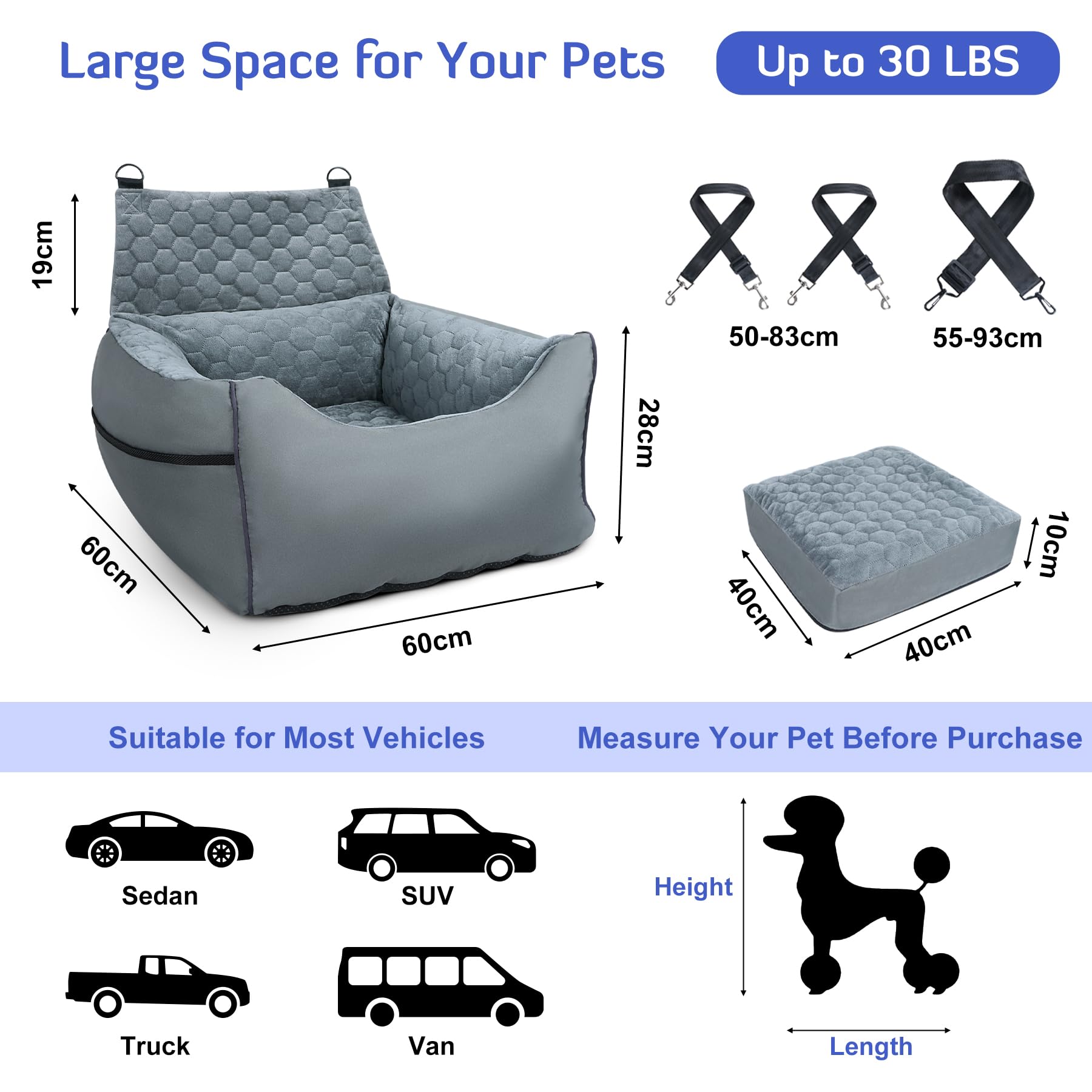 INFANZIA Washable Foam Dog Car Booster Seat for Small & Medium Dogs Under 30Lbs - Detachable Pet Car Seat with Storage Pockets, Soft Elevated Dog Bed for Front & Back Seats (20IN, Grey) - Perfect for Road Trips, Vet Visits & Daily Commutes