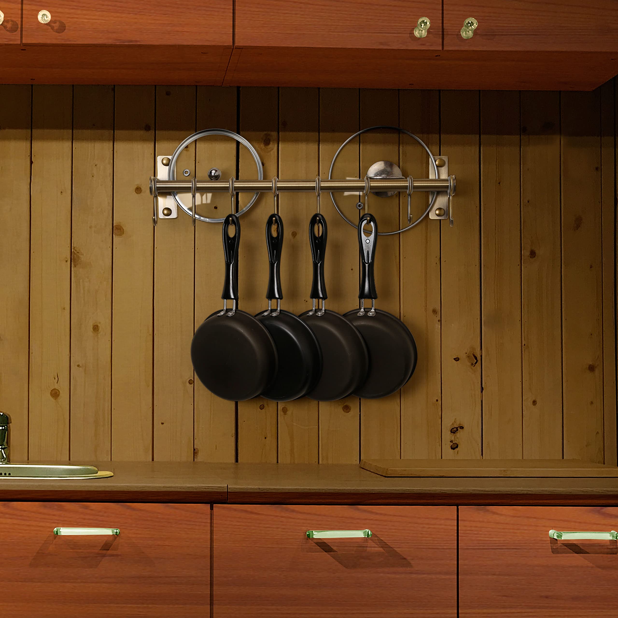 DSEAP Bronze Wall Mounted Pot Rack with 8 Hooks & Double Bars - Space Saving Kitchen Organizer for Pots, Pans & Utensils (Pack of 2) - Perfect for Small Kitchens, RVs & Apartments