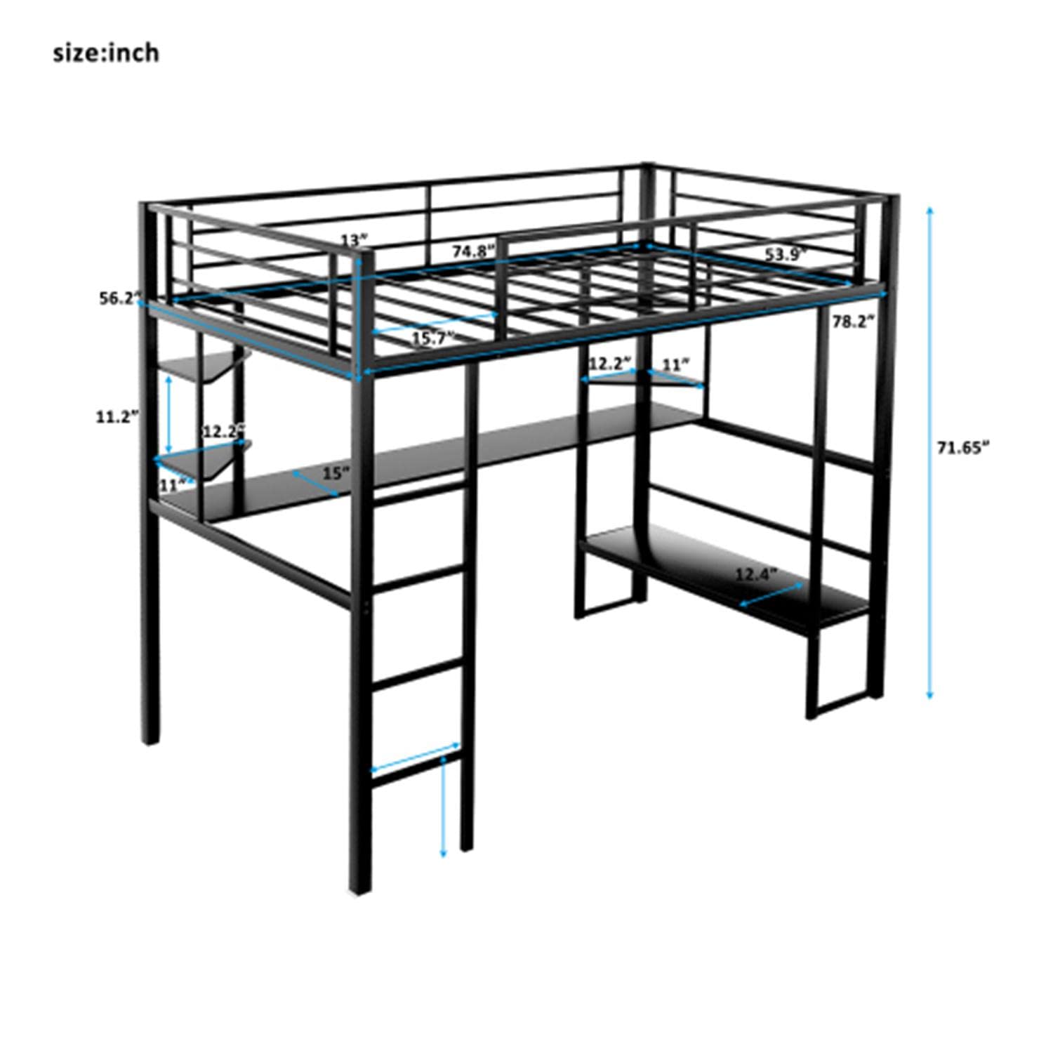 Black Full Metal Loft Bed Frame with Built-in Desk & Shelves - Sturdy Guardrail & Space-Saving Design for Small Rooms - Perfect for Kids, Teens & College Dorm Rooms