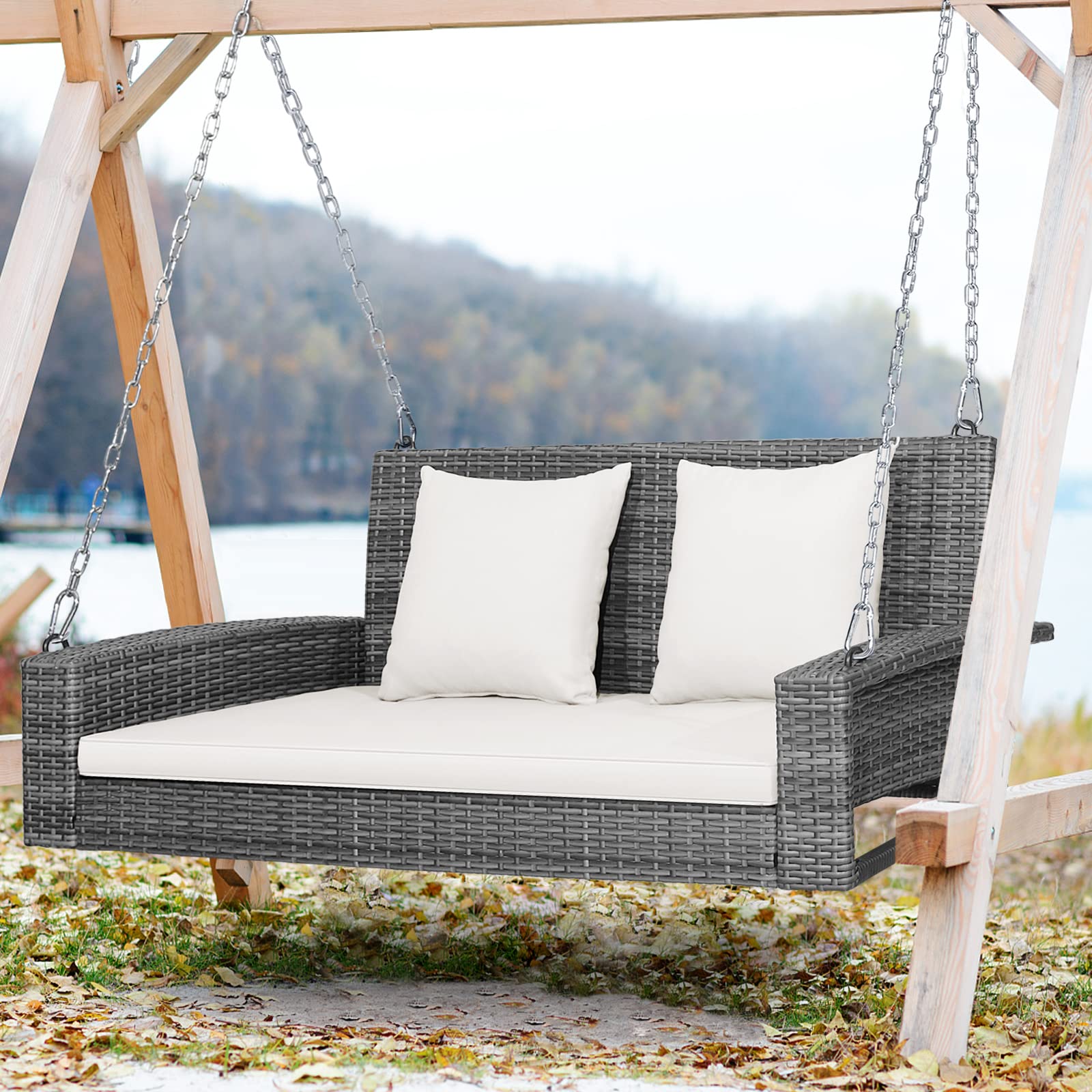 Tangkula 2-Person Wicker Hanging Porch Swing with Cushions - 800LB Capacity Outdoor Rattan Swing Chair with Rustproof Steel Chains - Perfect for Patio, Garden, Balcony & Backyard Relaxation