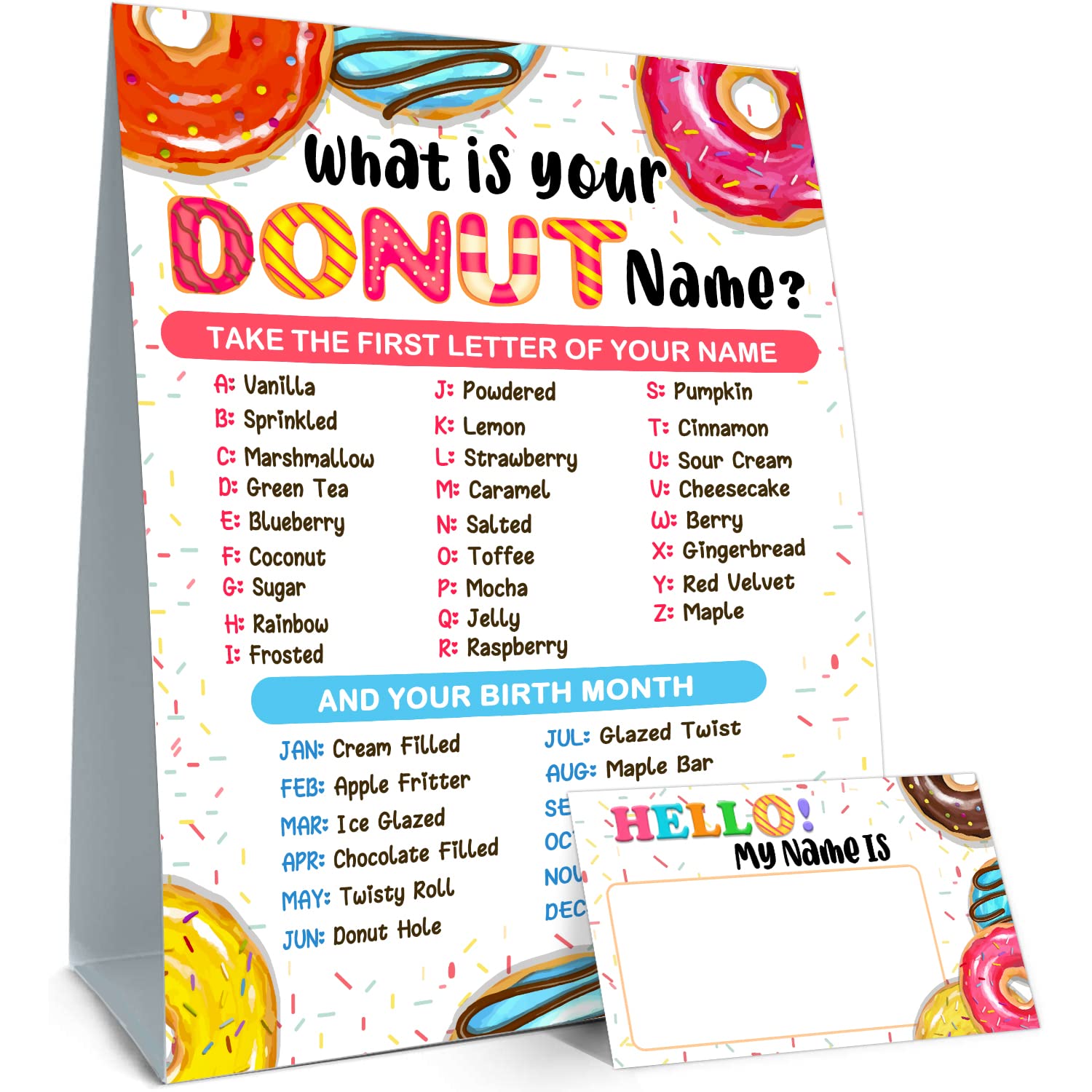 What is Your Donut Name Game - Fun Party Activity Set with 30 Cards & Sign for Birthdays, Weddings, Anniversaries | Perfect for Girls' Parties, Kids Activities & Holiday Celebrations