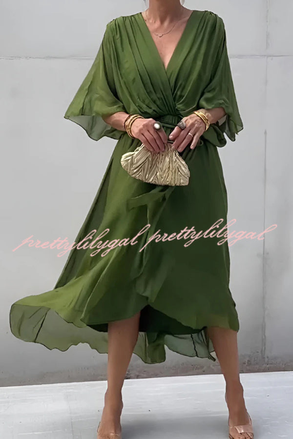 Elegant Solid Color V-Neck Batwing Sleeve Lace-Up Asymmetrical Hem Midi Dress for Women | Party, Cocktail, Wedding & Evening Occasions