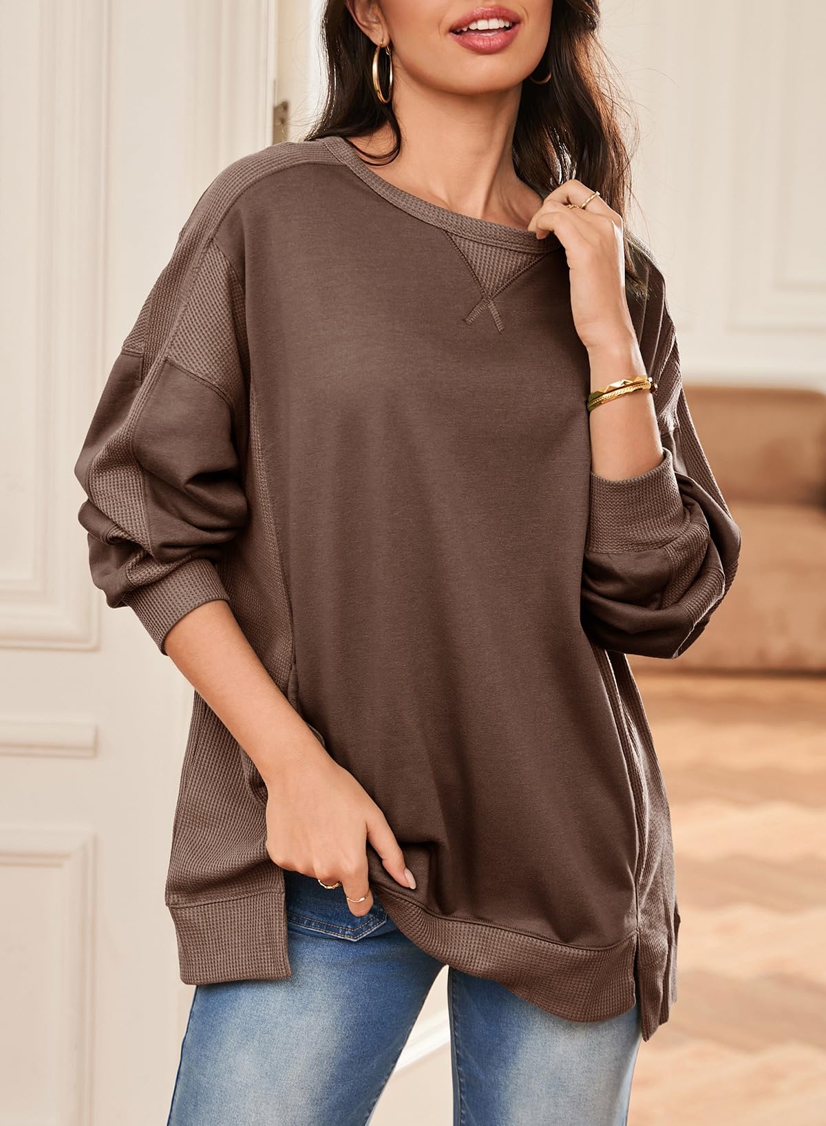 Women's Oversized Waffle Knit Sweatshirt - Dokotoo Casual Crewneck Long Sleeve Pullover Top | Perfect for Loungewear, Fall Outfits & Cozy Layering