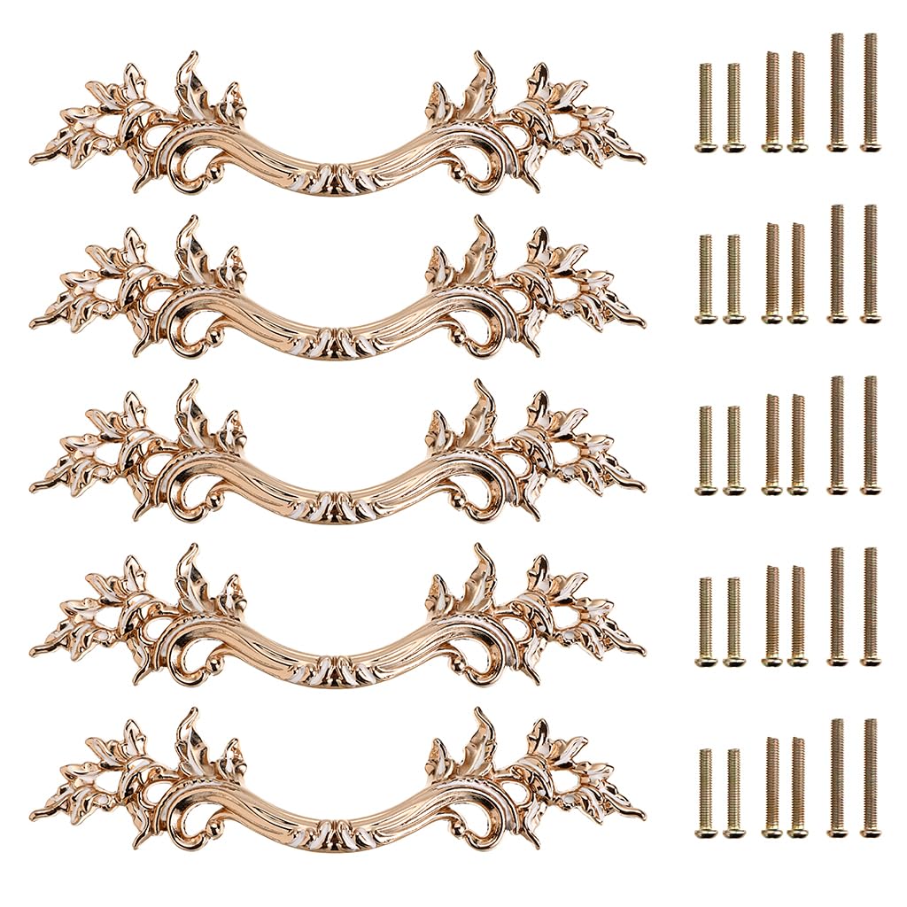 Vintage European Style Cabinet Handles - Pack of 5 Antique Golden Drawer Pulls Knobs for Dresser, Cupboard & Furniture - Perfect for Home Renovation, DIY Projects & Vintage Decor