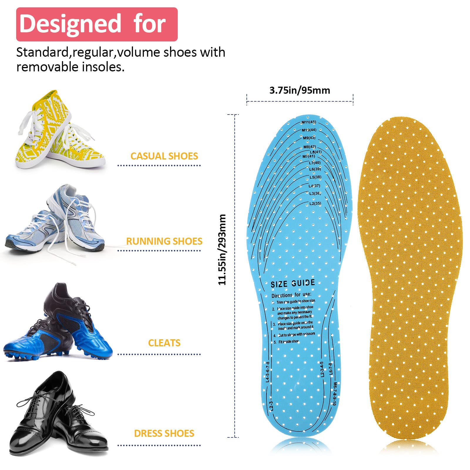 Sintege 3 Pairs Breathable Shoe Insoles for Men & Women - Ultra Soft Cushioning Double Layer Latex Foam Inserts - Comfortable Walking & Running Support (Men 7-11, Women 2-8) - Perfect for Work, Sports & Daily Wear
