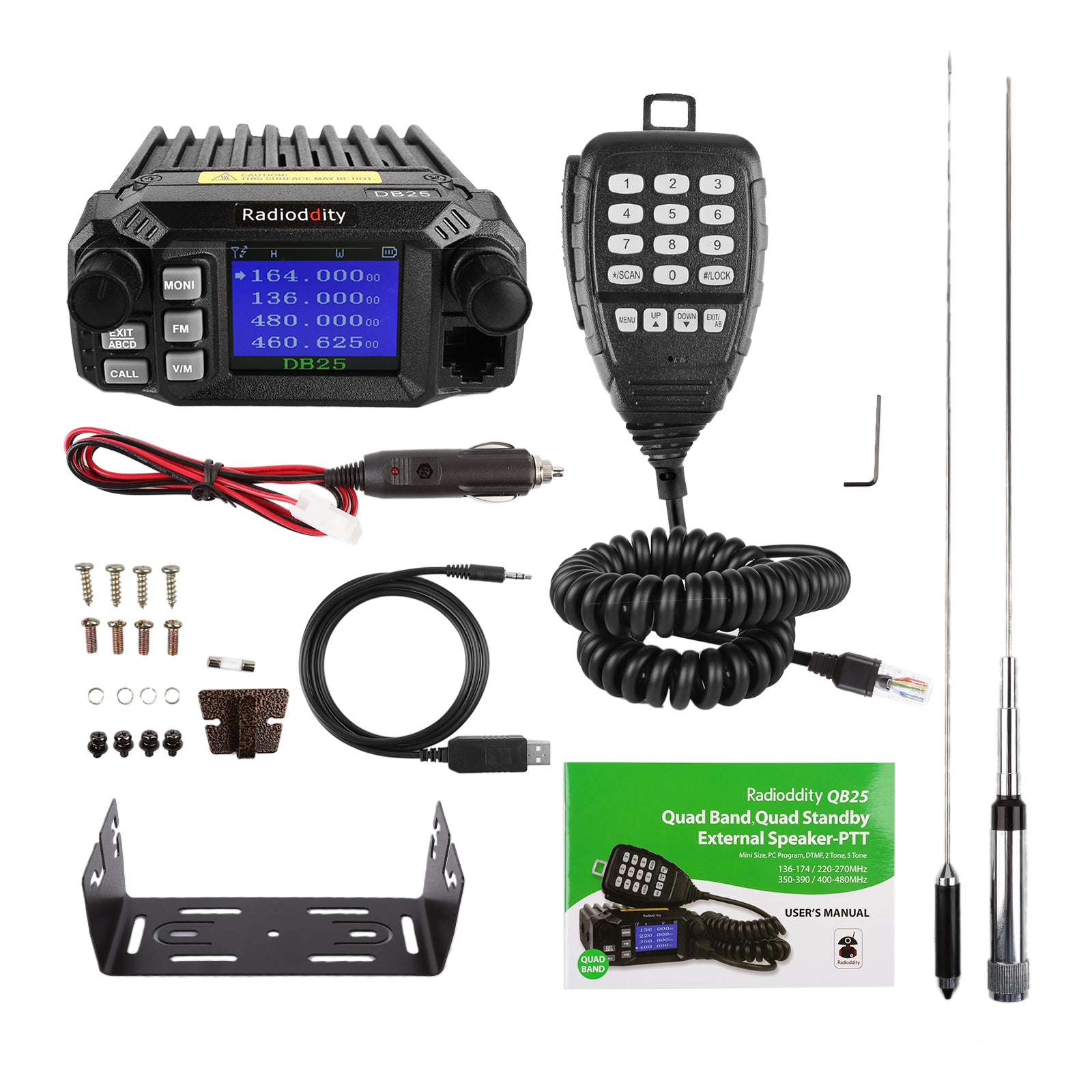 QB25 Pro Quad Band Mini Mobile Radio with Cable & 50W Antenna - Compact Portable CB Radio for Truckers, Off-Roading & Emergency Communication