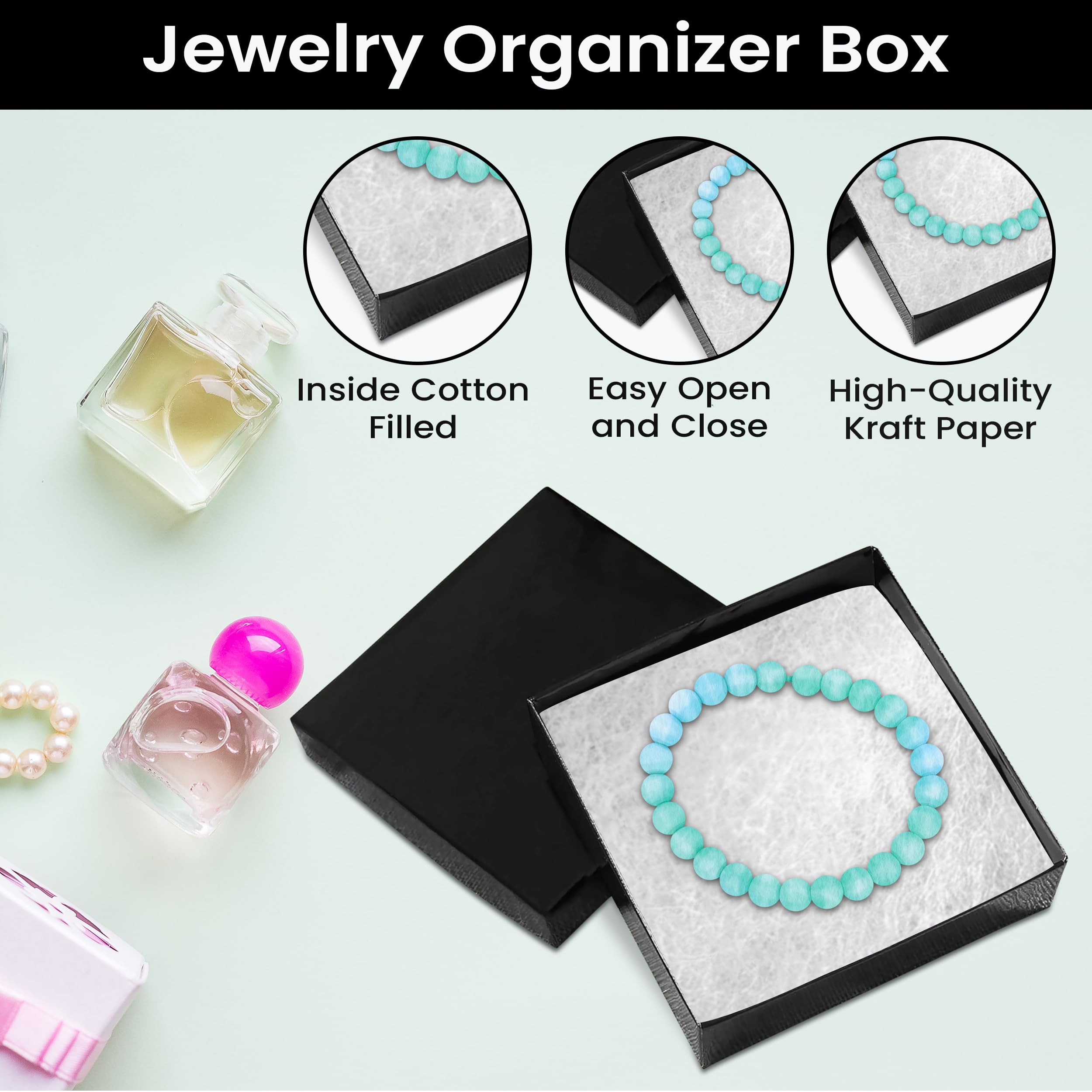 15 Pack Black Jewelry Gift Boxes 3.5x3.5x0.87 Inches - Premium Cardboard Jewelry Storage Box with Cotton Filling & Lid - Made in USA - Perfect for Bracelets, Necklaces, Rings & Earrings - Great for Gifting, Retail Display & Travel Organizer