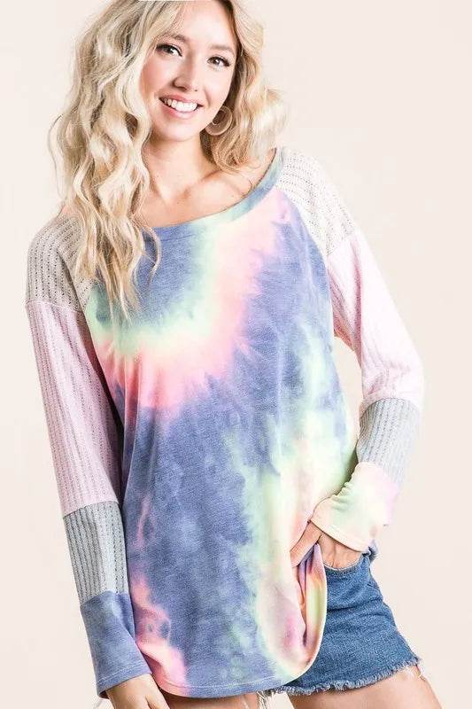 BiBi Tie Dye Terry Top with Color Block Pointelle Knit | Women's Casual Short Sleeve Shirt | Perfect for Summer Outings, Beach Vacations & Music Festivals