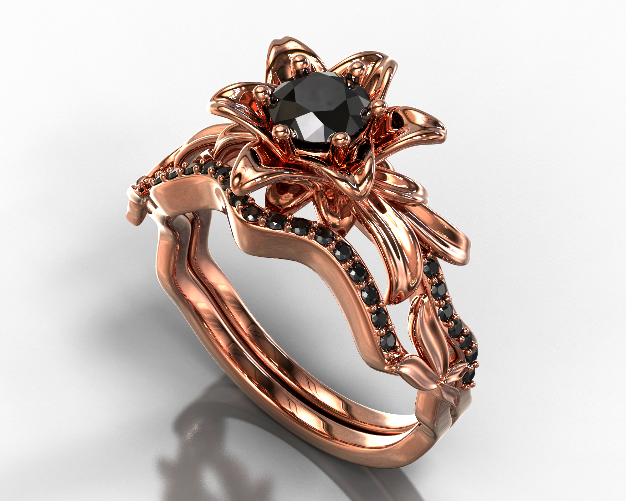 Lotus Flower Black Diamond Wedding Ring Set for Women - Elegant Vintage Engagement & Bridal Jewelry - Perfect for Weddings, Anniversaries & Special Occasions