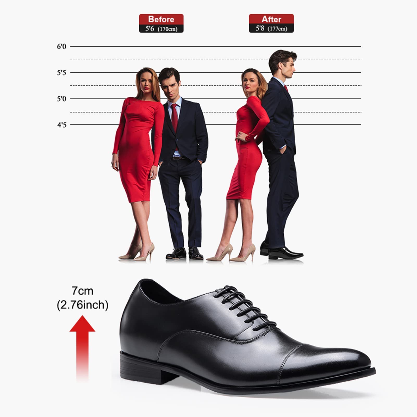 CHAMARIPA Men's Elevator Shoes - Leather Dress Shoes with Hidden Height Increase for Formal & Business Occasions - Comfortable & Stylish for Work, Weddings & Special Events