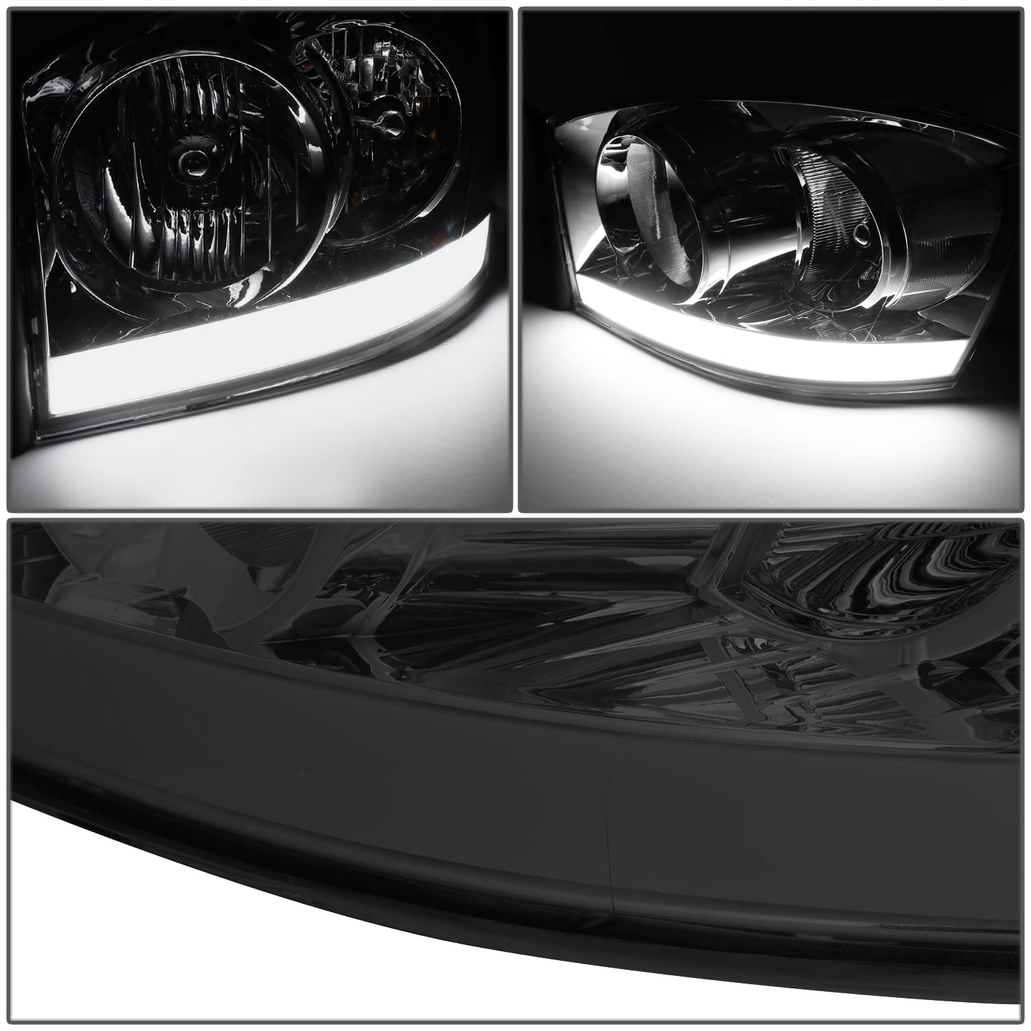 DNA MOTORING Smoked Clear Headlights for 06-09 Dodge Ram - LED Light Bar | Off-Road & Night Driving